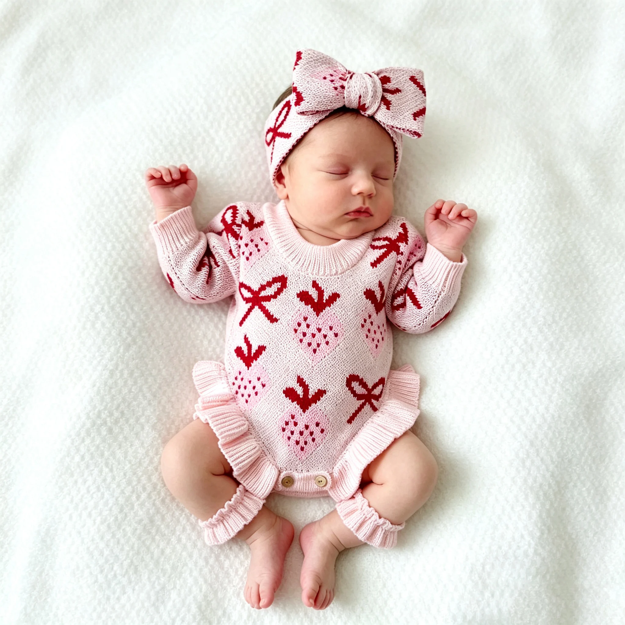 Baby Products Website - Strawberry Knitted Baby Romper+Headband Set Long