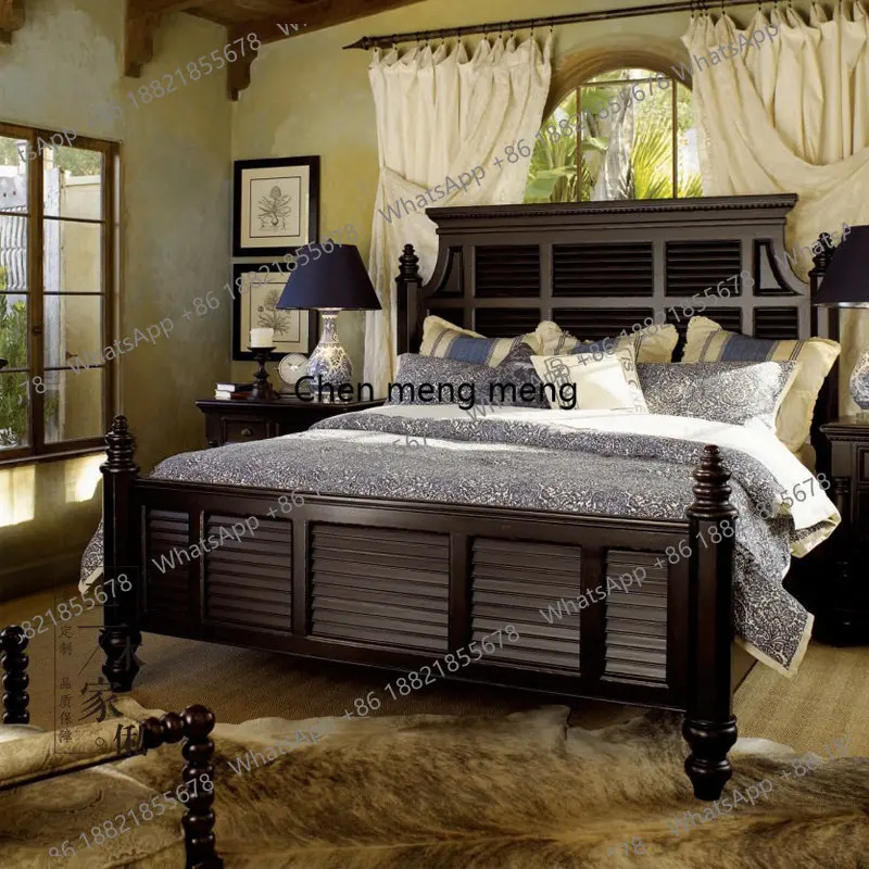 

American solid wood 1.8 meters bed French light luxury master bedroom double bed rural retro simple wedding bed
