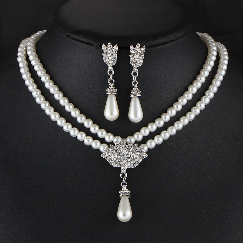 1Set Rhinestone Pearl Drop Necklace+Earrings Elegant Simulated-pearl Bridal Jewelry Sets Wedding Bridal Jewelry Gift