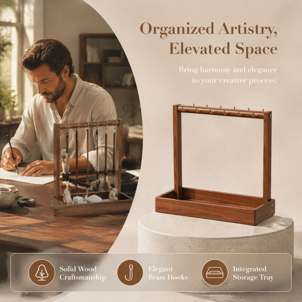 Traditional Calligraphy Brush Hanger Multifunctional Wood Color Writing Brush Organizer 12 Brushes Desktop Storage