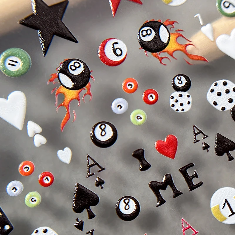 3D Embossed Cherry Nail Art Stickers Self Adhesive Pool & Dice Design Nail Art Decals Manicure DIY Accessories