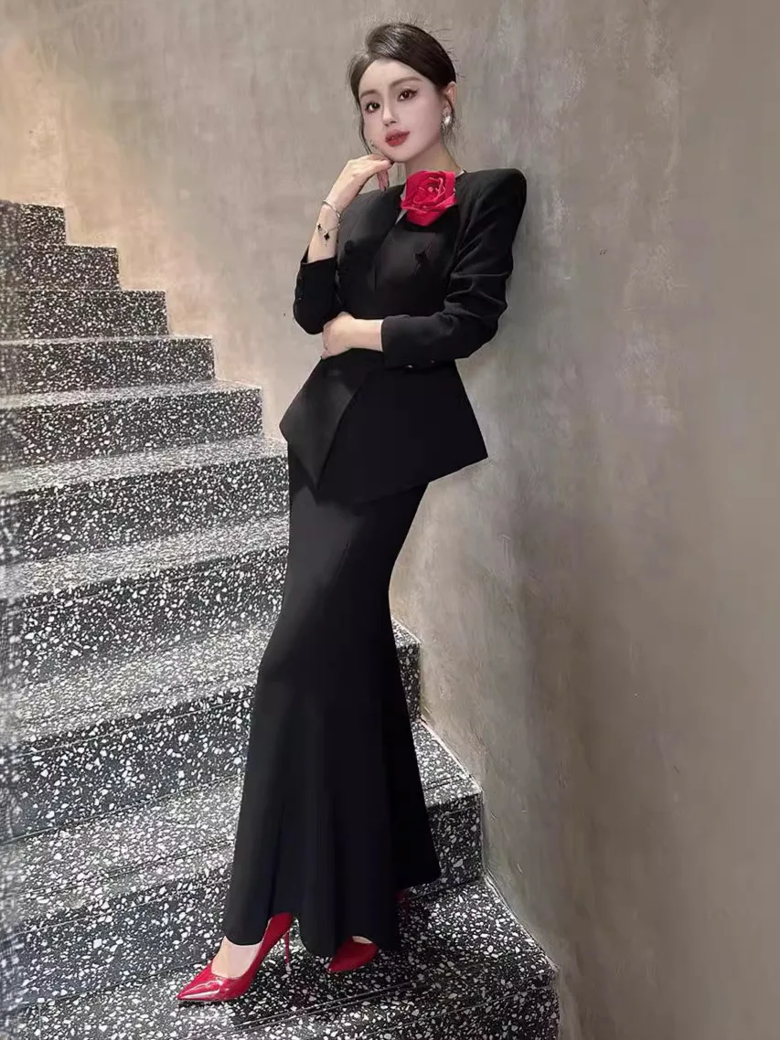 

Floral Jacket Belted Waist Slimming Long Fish Tail Skirt Set Elegant Ladylike Style Fashionable Three Piece Women's Ensemble