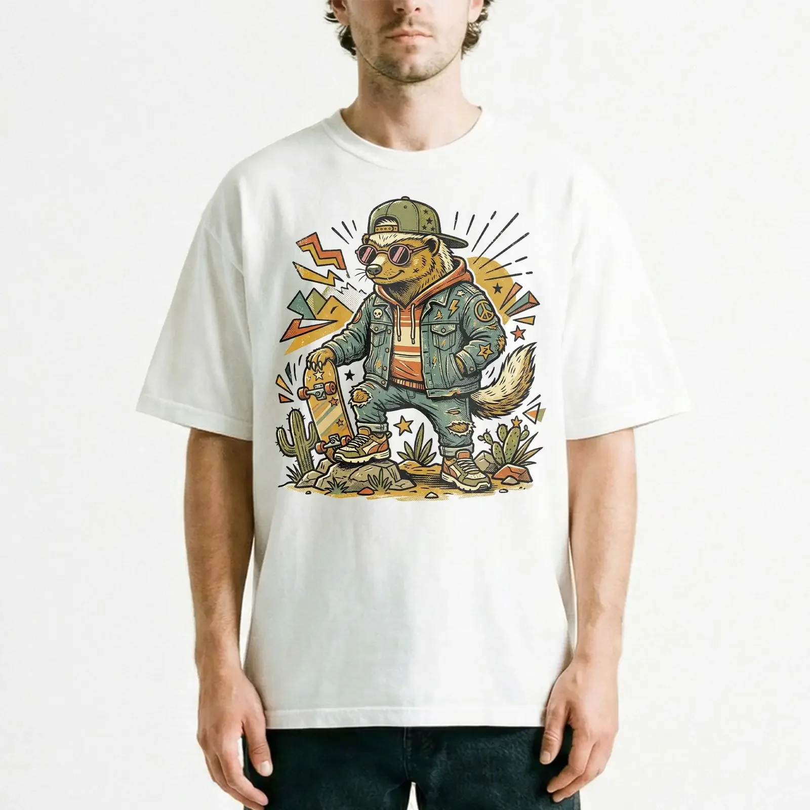 Cool Honey Badger Skater Desert Cactus Streetwear Urban t shirt Wildlife Hip vintage Washed Slightly graphic Casual homme Soft