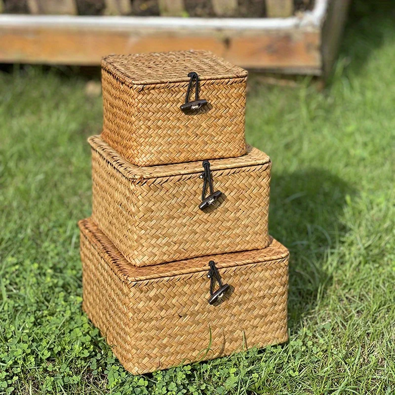 

New Practical Seaweed Woven Storage Box with Cover Gift Box Packaging with Hand Gift Box Desktop Sorting Clothes Storage Box