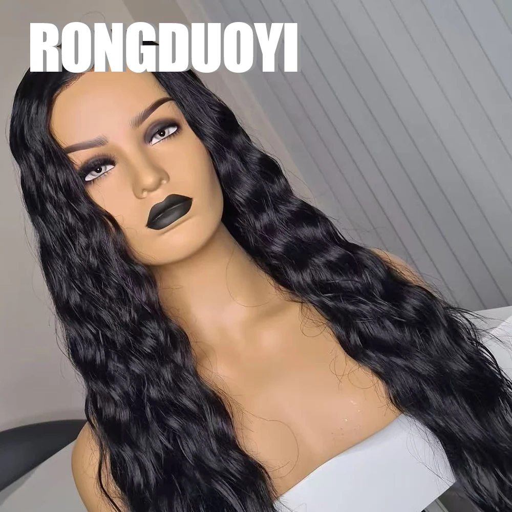 RONGDUOYI Body Wave Synthetic Wig Natural Black Hair Lace Front Wigs for Women Long Wavy Heat Fiber Wigs Daily Makeup Black Hair