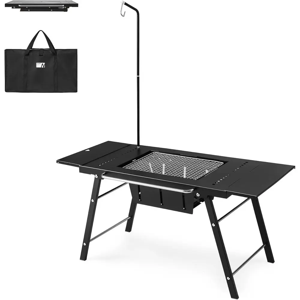 

Portable IGT Table with Charcoal Grill, olding Camping Table and BBQ Grill with Desk Extension & Lantern Stand, Perect or Outdoo