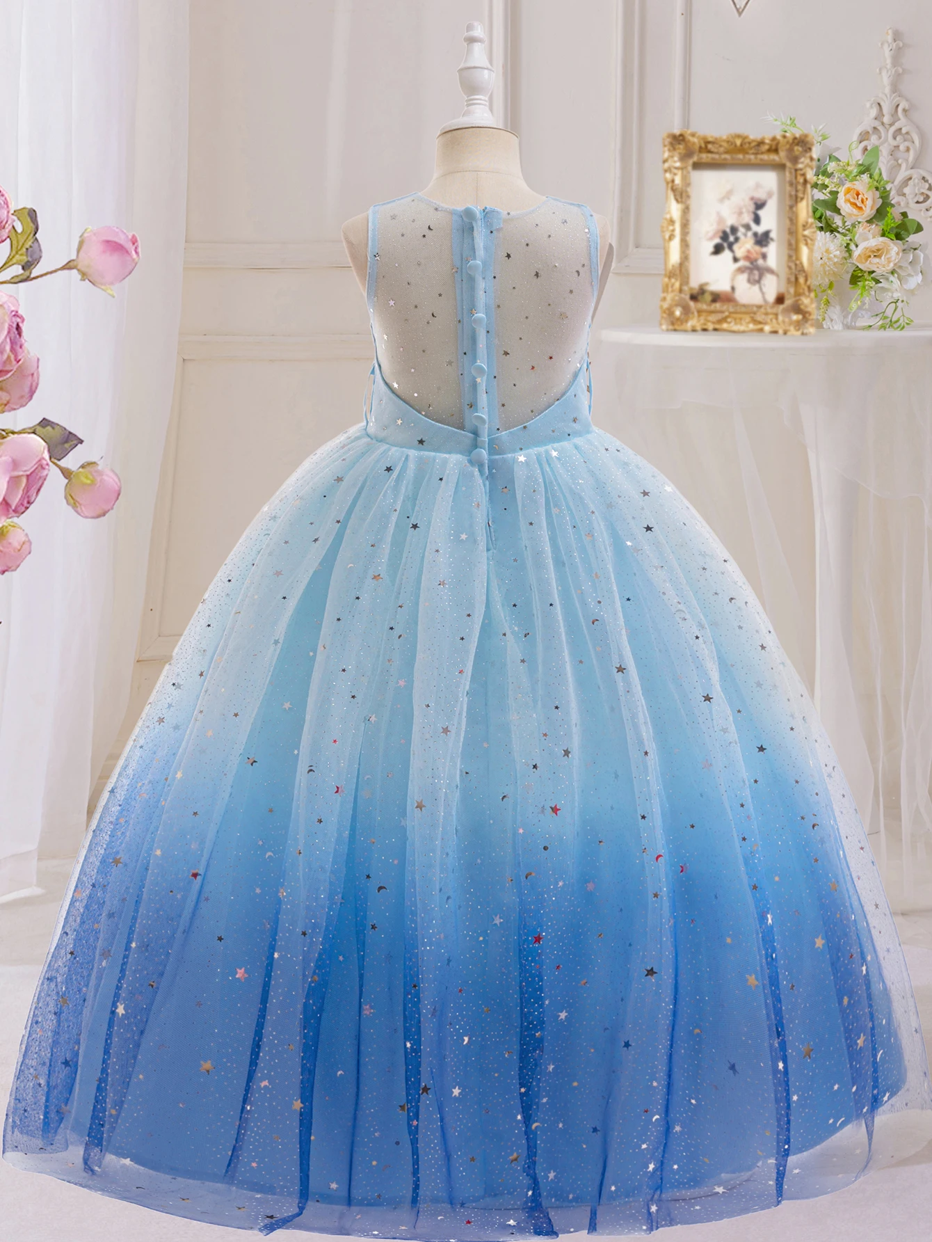 Girl Princess Dress Light Blue Long Dress Wedding Flower Girl's Puffy Starry Sky Gauze Dress Birthday Party