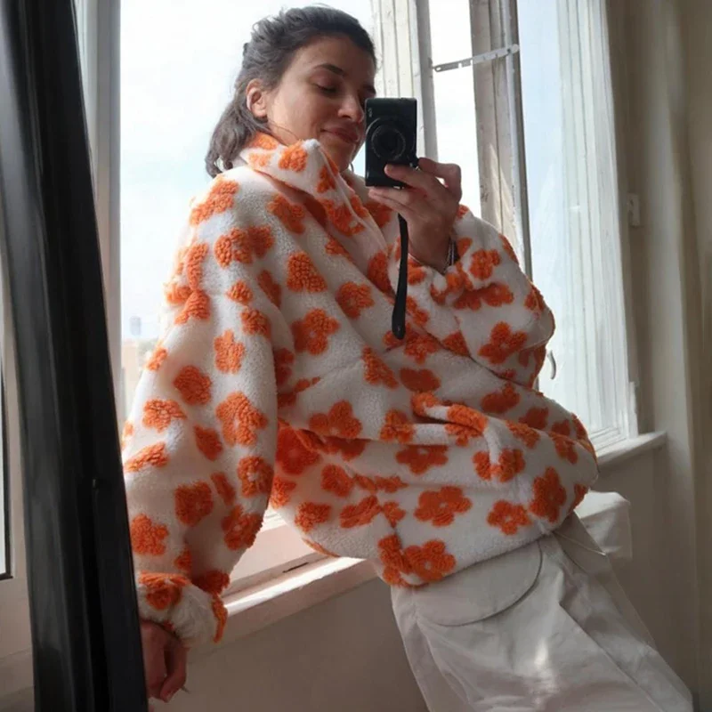 Fleece Flower Sweatshirt For Women 2025 Autumn Winter New Fashion Hoodies Warm Fur Top Zipper Pullovers Casual Outwear
