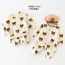 2024 Winter Infant Boys Pajamas Set Cartoon Bear Printed Velvet Warm Toddler Boys Homewears Thickened Baby Boys Jumpsuit