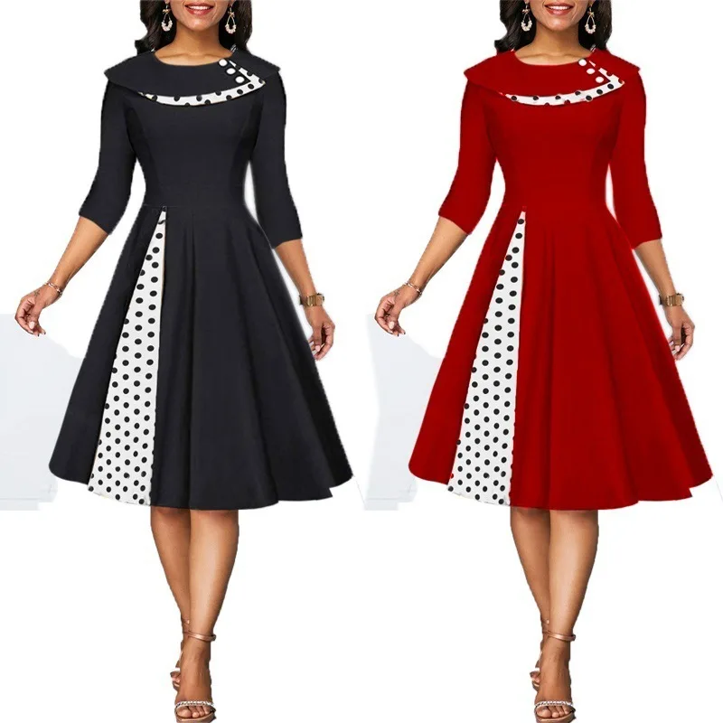 Women Vintage Dress Summer Rockabilly Polka Dot Print Sexy Patchwork Long Sleeve High Waist Ladies Midi Skirt Casual Party  Robe