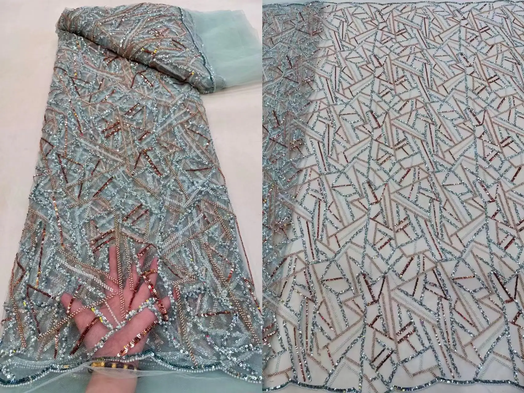 

Exquisite African Handmade Beads Laces Fabrics Luxury Nigerian Sequins Mesh Lace Fabric French Bride Tulle Lace For DIY Wedding