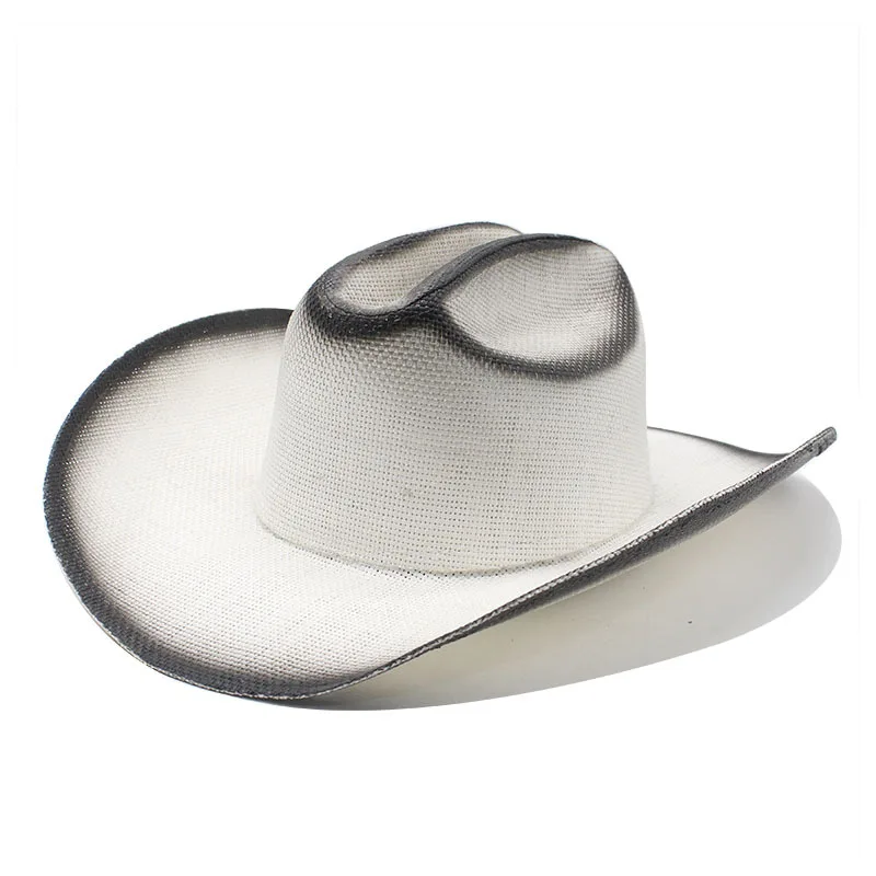 New Style One-Word Top Spray Paint Denim Straw Hat Personality Hard Top Hat Handmade Western Cowboy Hat Ethnic Style Sun Hat