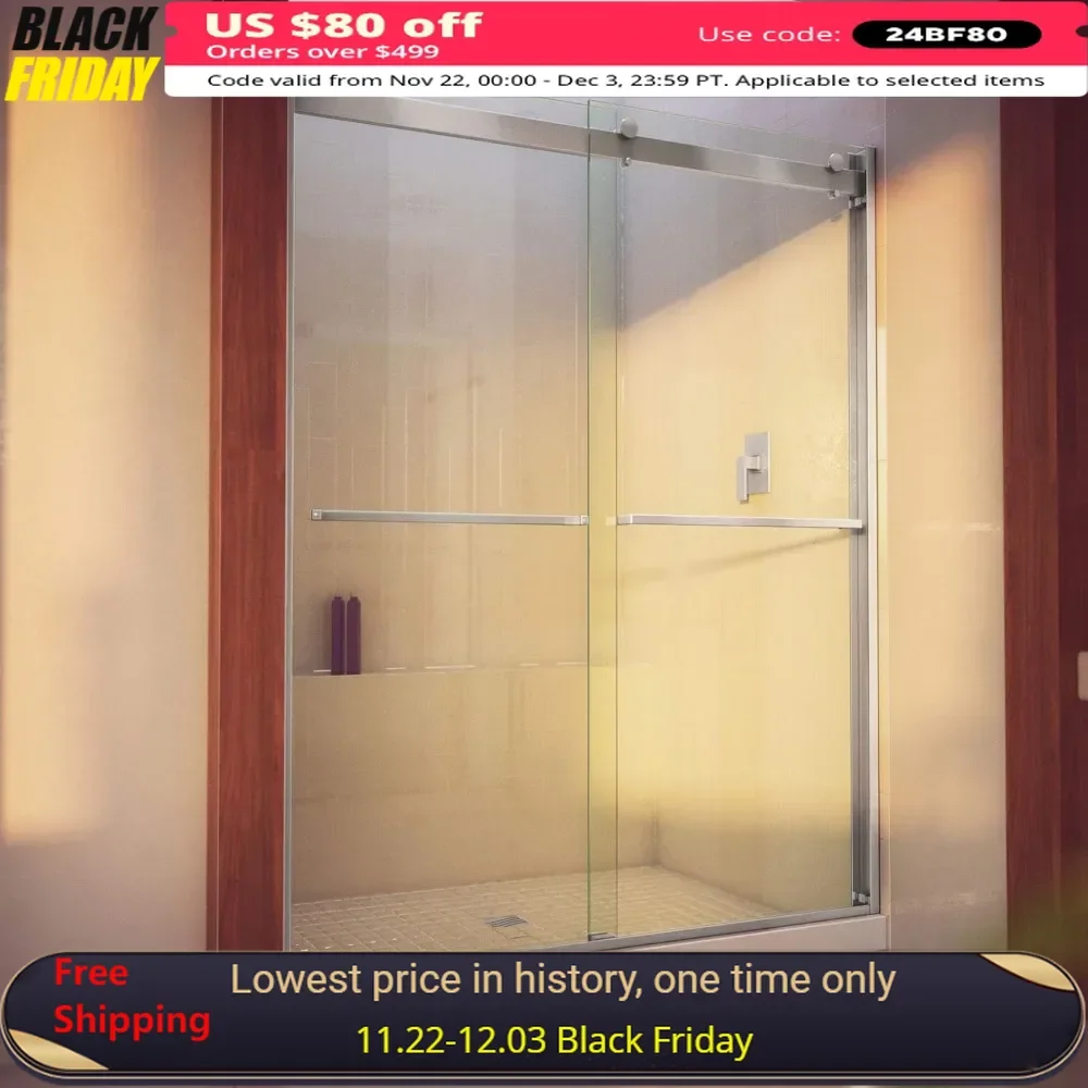 

Shower Door, 56-60“ X 76”, Brushed Nickel, Semi-Frameless, 5/16” 8 Mm Tempered Glass, Sliding Shower Door