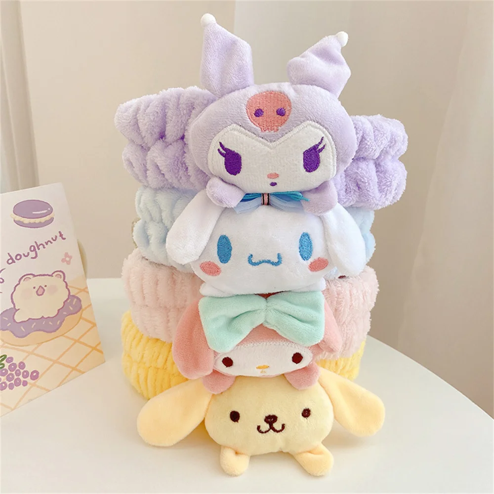 Sanrio Headband Kawaii Cinnamoroll Kuromi Melody Kitty Plush Bow Makeup Wash Hair Ring Hair Accessories Gifts for Girls