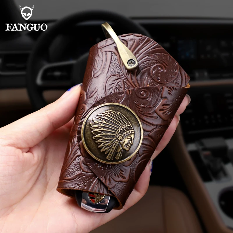 حقيبة مفاتيح ذكية للسيارة من الجلد الطبيعي بتصميم عتيق مع خطاف حامل مفاتيح مدبرة منزل من جلد البقر المحمول للرجال والنساء