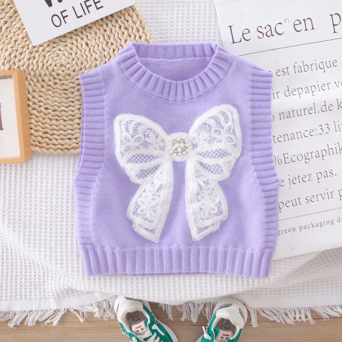 2025 Spring New Girls Clothing Set 1-5Y Girls Suit Solid Shirt Matched Bow Knit Vest And Blue Jeans 3 PCs Girls Suit