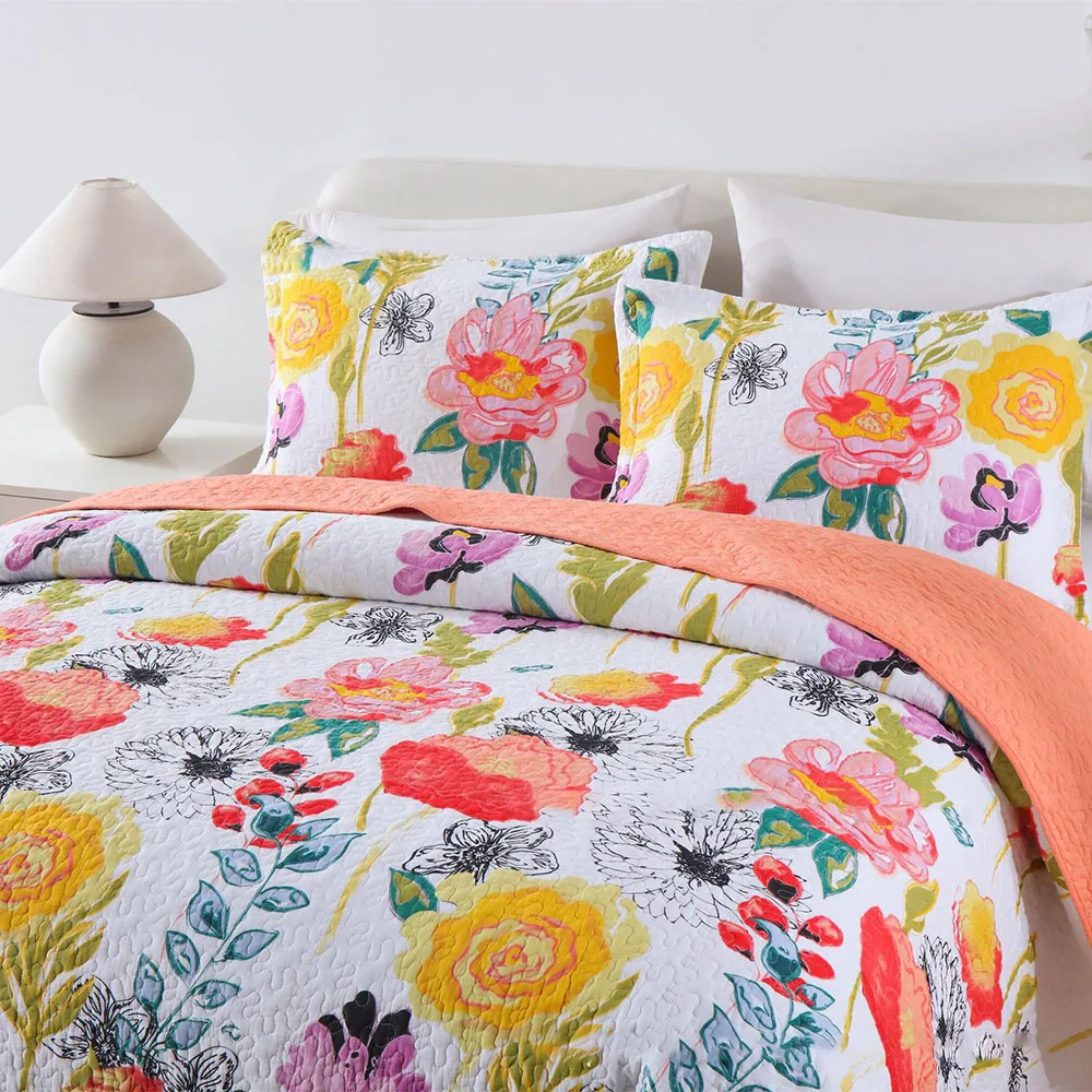 Monet's Garden 100% Cotton Quilt Set 3PCS Queen Size Lightweight Breathable Bedspread Coverlet for All Season Home Decor