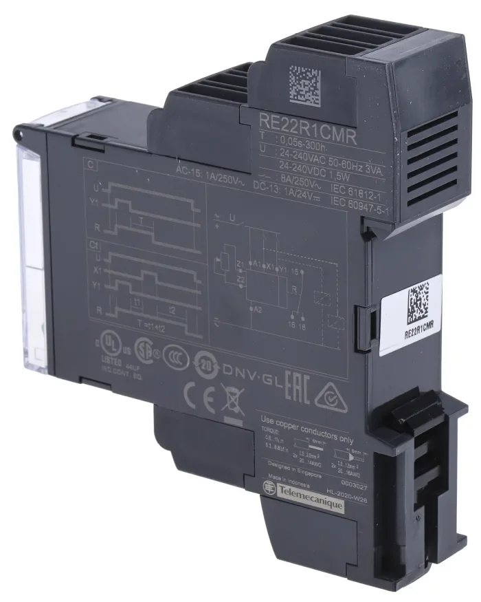 RE22R1CMR dual function relay, Harmony Timer Relays, 8A, 1CO, 0.05sâ€¦300h, off delay, 24...240V AC DC