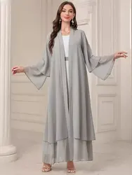 Fashion Muslim Solid Open Abayas With Belt Double Layer Chiffon Women's Robe Moroccan Dubai Saudi Elegant Loose Kebaya Dresses