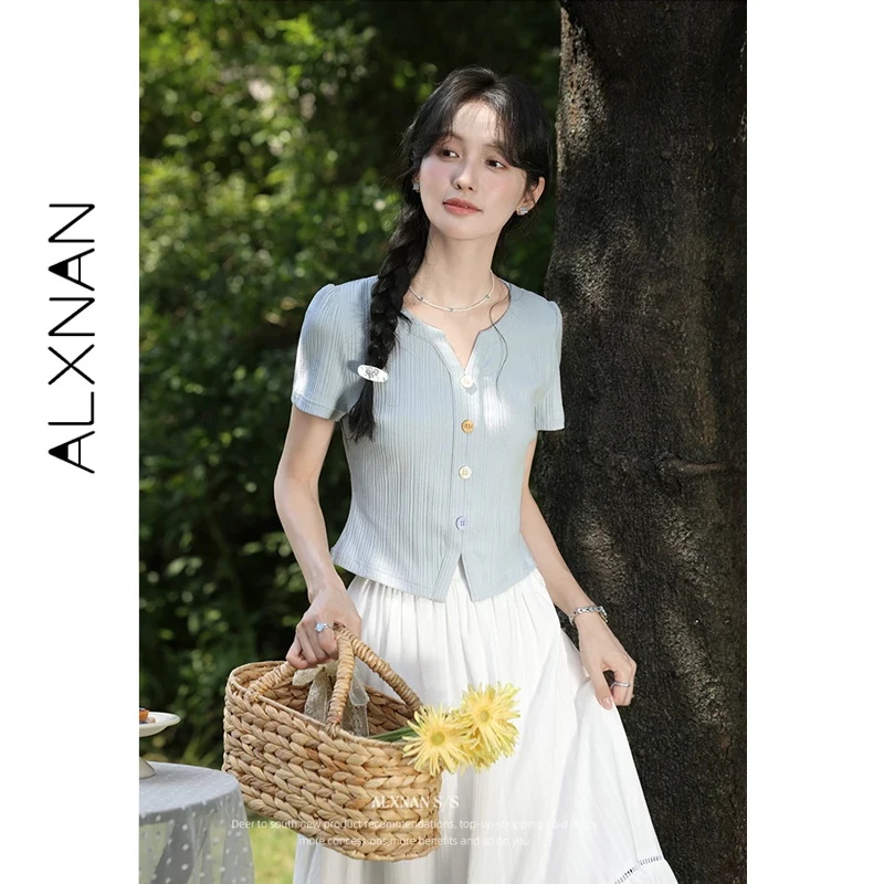 

ALXNAN Blue T-shirt 2026 Summer Women's Short Sleeve Tees Elegant Slim Fit Office Casual Basic Fashion Ladies Clothes L56530