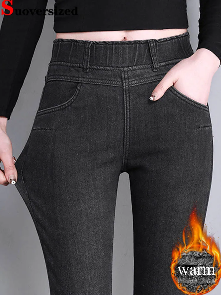 

Зимние теплые узкие джинсы-карандаш, женские повседневные эластичные утепленные джинсовые брюки с высокой талией, корейская мода, винтажные эластичные Vaqueros, новинка
