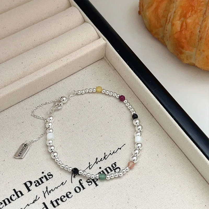 S925 Sterling Silver Colorful Beaded Dopamine Bracelet Small Group Layered Personalized Versatile Women's Bracelet