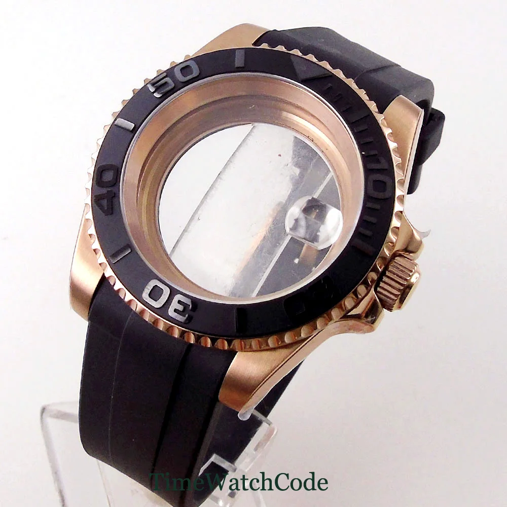 Sapphire Crystal Watch Case 40mm Rose Gold Plated Rubber Strap Fits NH35A NH36A ETA2836 2824 PT5000 Miyota8215 821A 8205 DG2813