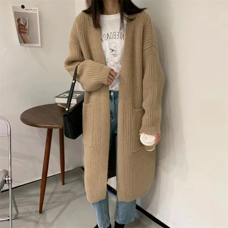 Pocket Design Cardigan Women Knitted Medium length V-neck Long Sleeved Thick Coat Jacket Female Sweater Cardigan Autumn Winter