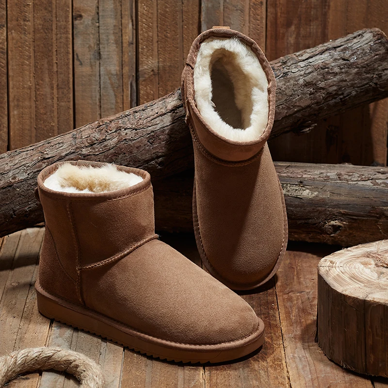 KZZO Size 37-48 Australia Classic Real Sheepskin Suede Leather Men Sheep Wool Fur Lined Winter Short Ankle Snow Boots Grey Shoes