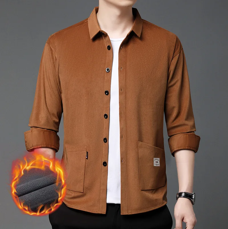 

Men's Casual Long Sleeve Fleece Lined Corduroy Shirt Fashionable Versatile Base Layer Shirt with Pocket Thickened Autumn Wint...