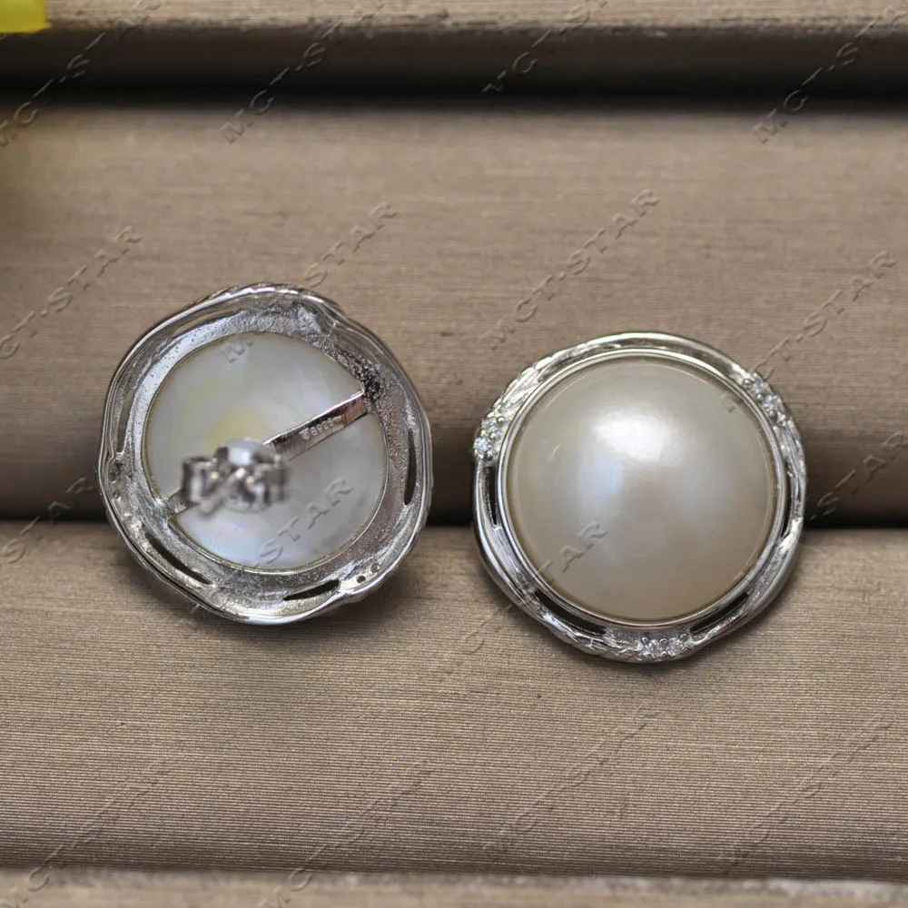 Z13800 Huge Real 20mm White Hemispheroid South Sea Mabe Pearl Stud Earring 925silver Custom Jewelry