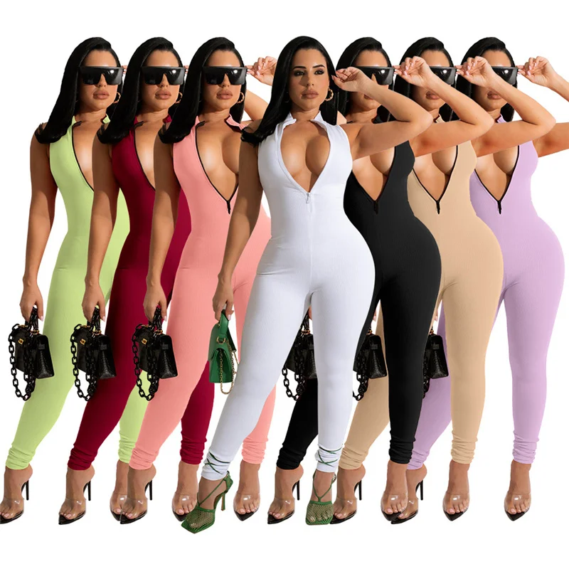 

Solid Sporty Rompers Womens Jumpsuit Sleeveless Knit Stretchy Zip One Piece Jumpsuit Bodycon Fitness Casual Overalls for Women