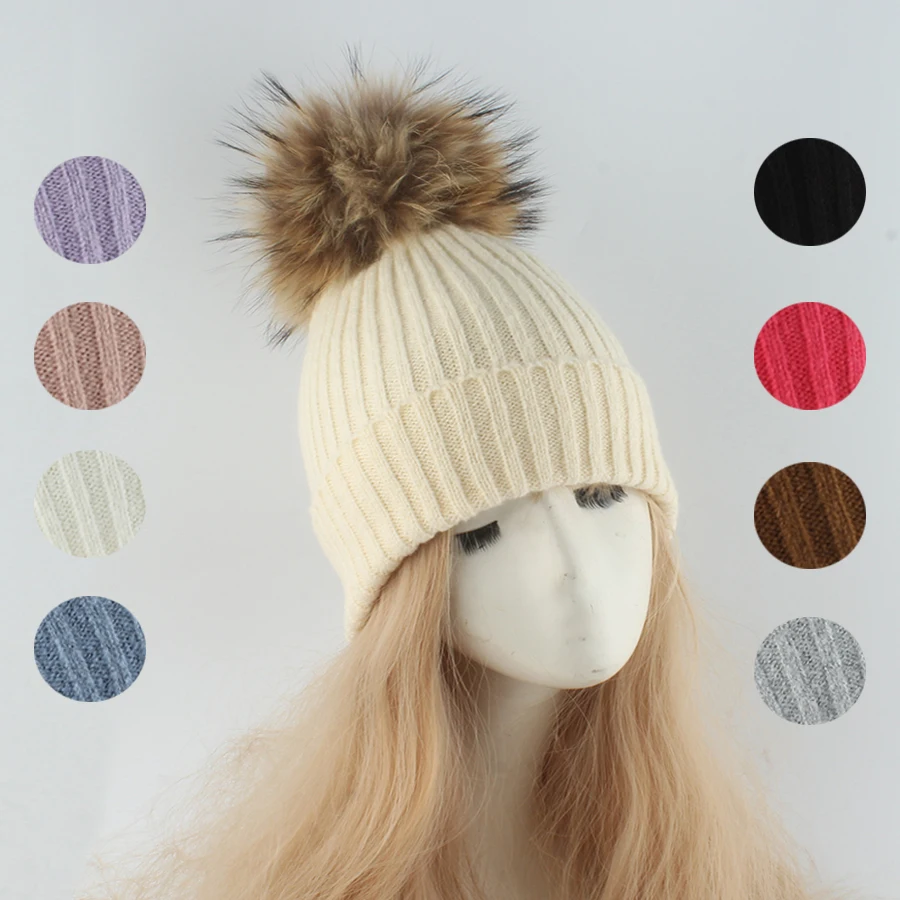 NEW Real Raccoon Fur Pompom Hat For Women Striped Warm Knitted Hats Winter Girls Fox Ball Beanies Skullies Outdoor Female Cap