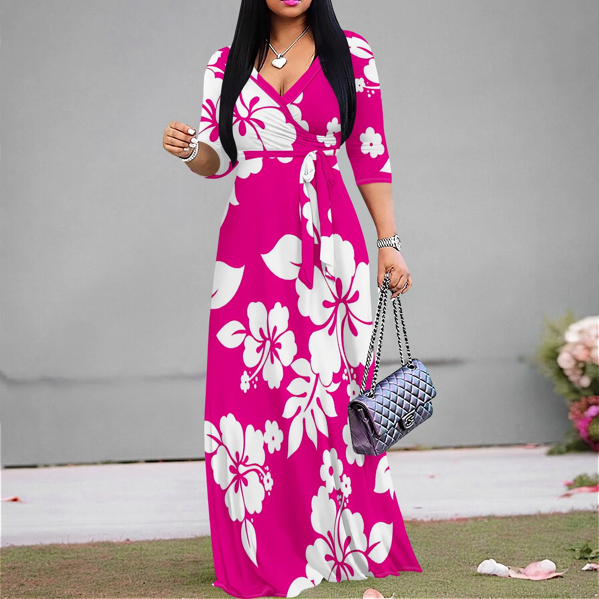 

Women's V Neck 3/4 Sleeve Maxi Dress S-3XL Bright Pink Hibiscus Print Hawaiian Long Gown
