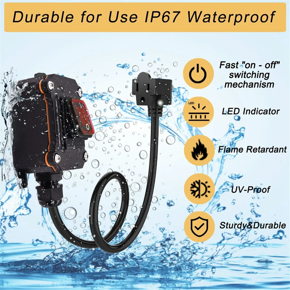 AA98 Inline Power Switch with 3-Ft 14AWG Cable & Piggyback Plug, IP67 Waterproof Extension Cord with on/Off Switch US Plug