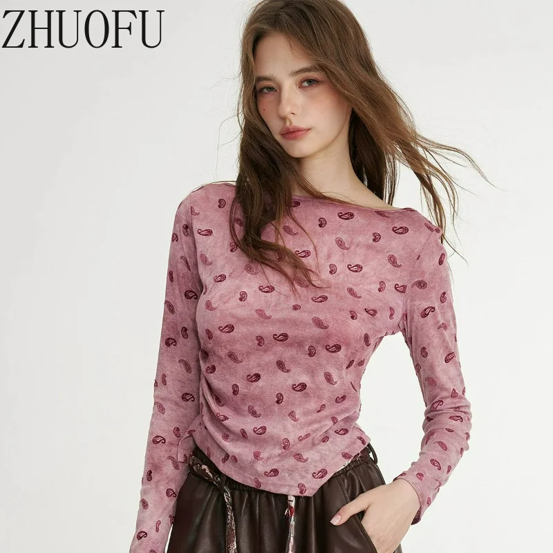 Y2K Women Pink Paisley Print One Line Neck Long Sleeve T-shirt Irregular Asymmetrical Slimming Fashion Versatile Bottoming Shirt