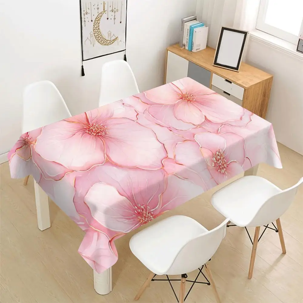 Gilded Pink Bloom Tablecloth, Pink Base With Artistic Flower Graphics, Rectangular Table Cover for Boutique & Dessert Shop Decor