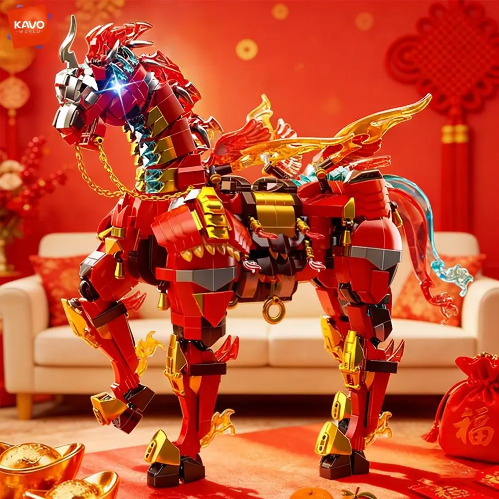 

KAVOWORLD 1924PCS Red Auspicious Horse Building Blocks Chinese Mythical Creature Model Education Assembly Toys for Decoration