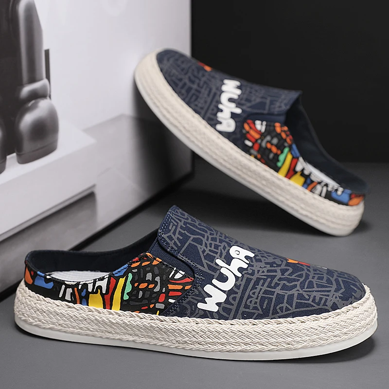 Fisherman\'s shoes Black Printed Summer Slip-on Men\'s Canvas Shoes Breathable Platform Flat Shoes for Men Comfort Loafers Casual