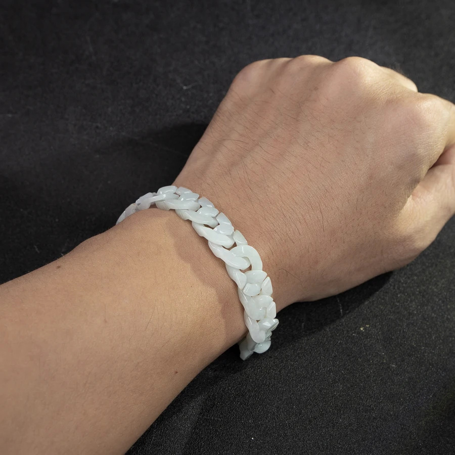 

TIMESWIND Personalized Men Natural A-type Jade White Cuban Chain Titanium Steel Bracelet with Certificate