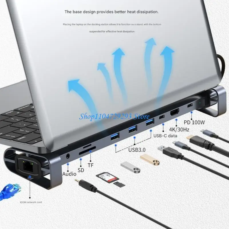 Y2GD Space Saving Foldable Laptop Station Aluminum 10 in 1 Docking Station Base Adjustment Computer Accessories