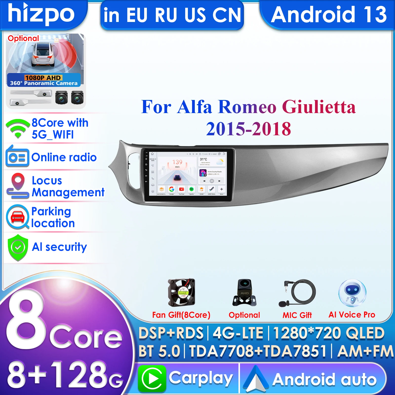 Hizpo 2Din Android 13 Car Radio Multimedia Video Player for Alfa Romeo Giulietta 2015 - 2018 Navigation GPS 4G Carplay Auto WIFI