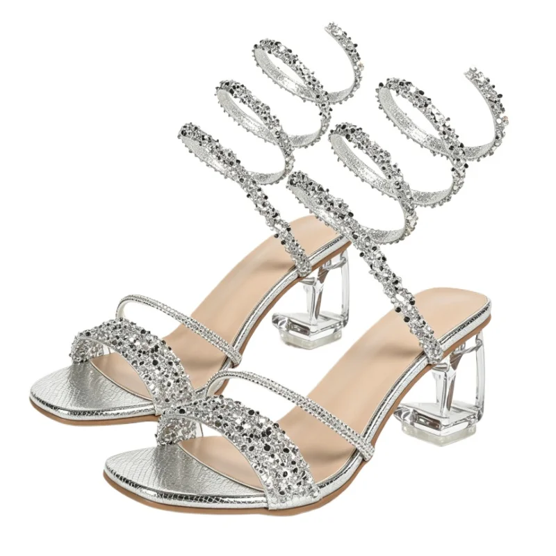 Silver Crystal Wrapped Ankle Sandals Women Fashion Clear Square-Heel Slide Sandals Sexy Open-Toe Square-Toe Wedding Bridal Shoes