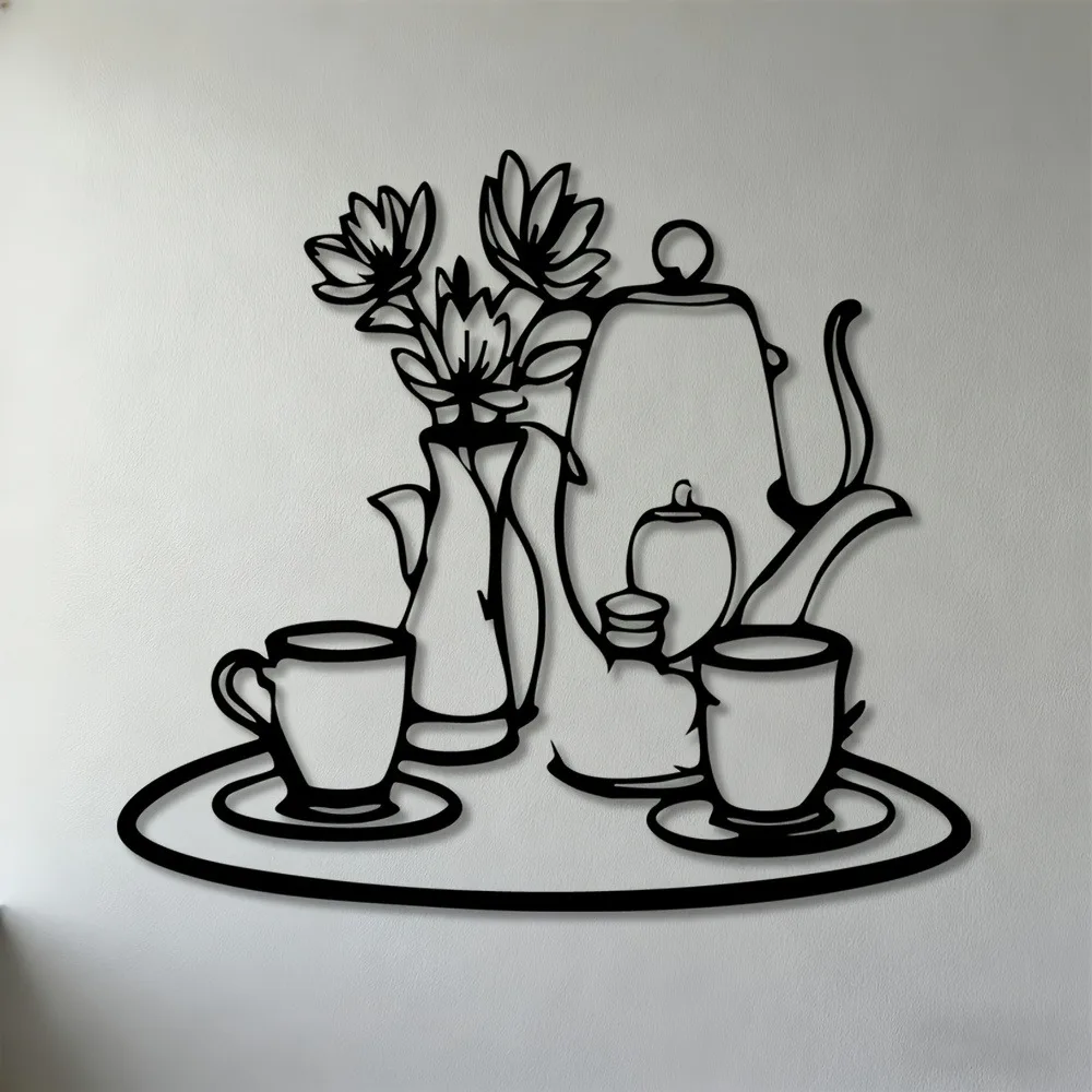 CIFBUY Metal Wall Art,2D Flat Laser Cut Teapot Flower Iron Hanging Sculpture,Rustproof Powder‑Coated Wall Decor