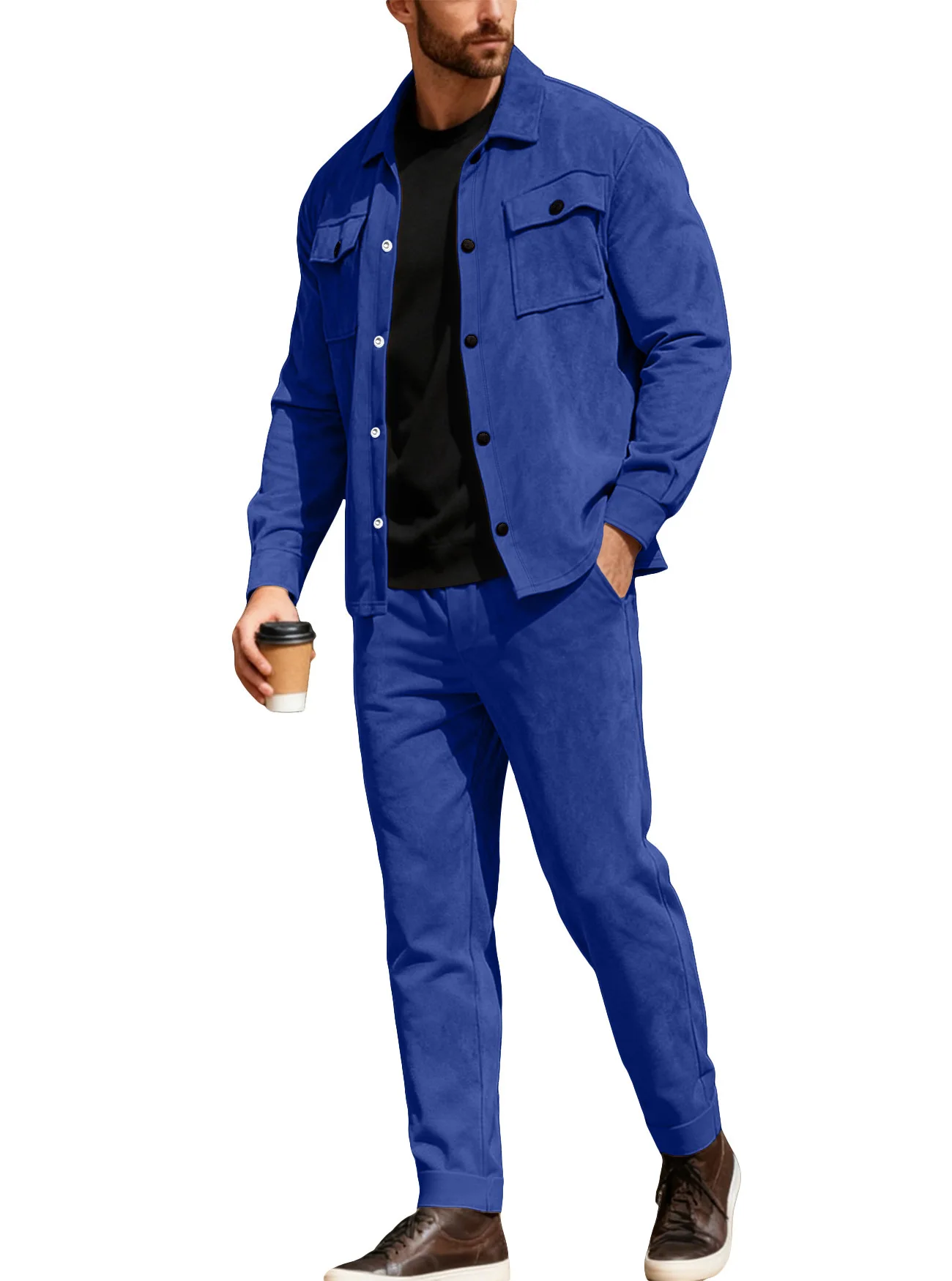 

Men's Casual Workwear Suede Jacket Pants Set Spring Autumn Leisure Sports Business Buttoned Coat Long Pants Cotton Blend