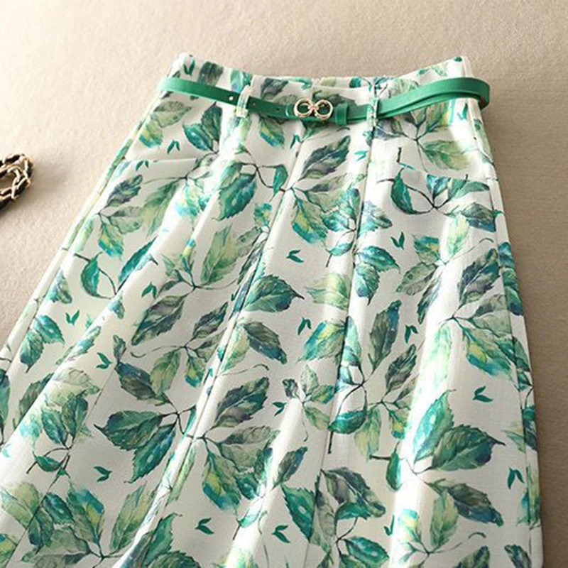 Light Green Floral Print High Waist With Belt A-line Women's Skirt Korean Fashion Elegant Knee-Length Skirts For Women Spring