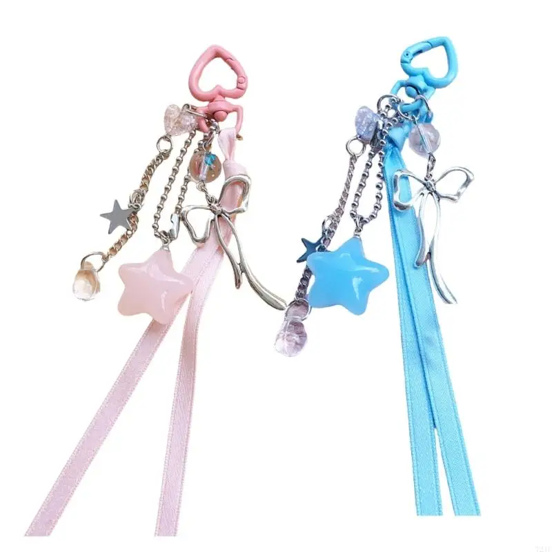 T21F Fashion Star Adorned Key Holder with Girly Bowknot Star Keychain Unique Phone Pendant Suitable for Daily Everyday Use