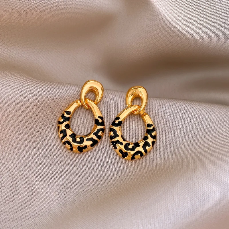 Retro Temperament Elegant Oil Dropping Leopard Print Irregular Oval Dangle Earrings For Women Fashion Sweet Simple Jewelry Gifts