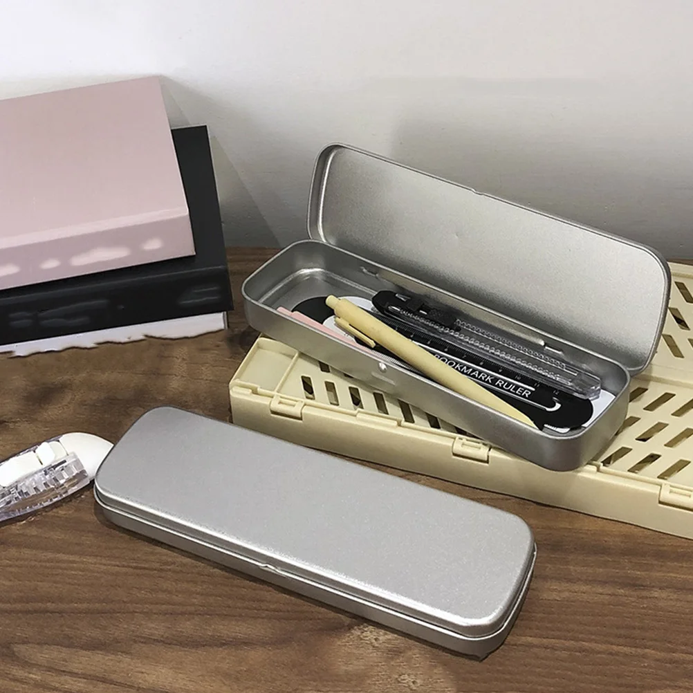 

2pcs Stationery Box Pencil Case Multifunctional Organizer Daily Desk Student Silver Household Tinplate Wear Resistant Storage