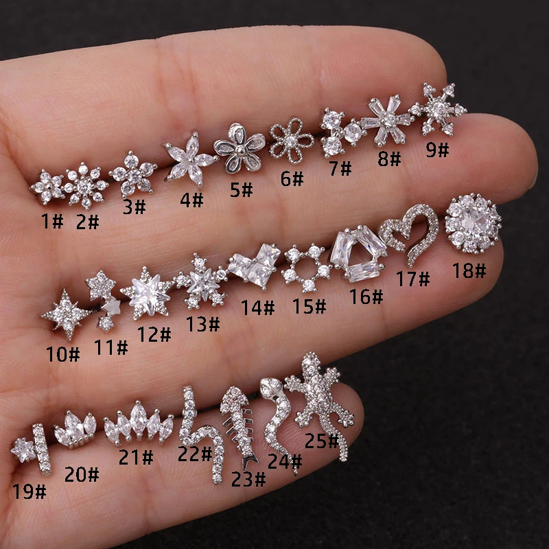 2Pcs Stainless Steel Piercing Flower Zircon Cartilage Stud Earrings Helix Conch Tragus Lobe Ear Stud Piercing Jewelry Wholesale